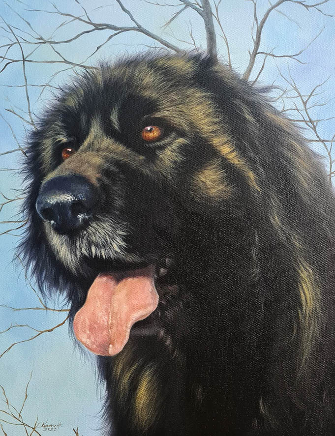 Perro negro pintado en lienzo