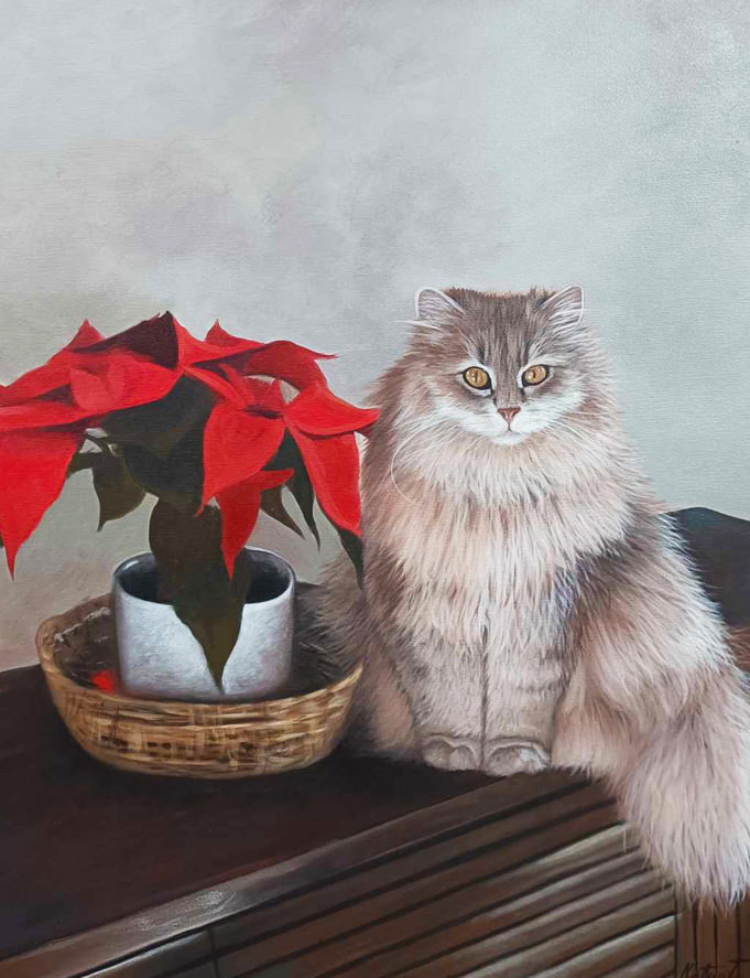 Pintura de un gato y una planta
