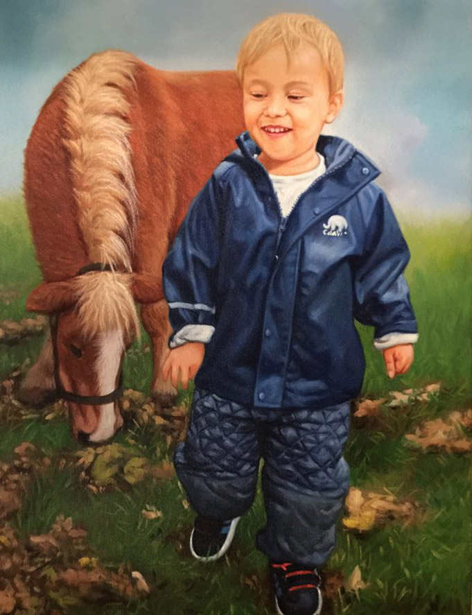 Pintura al óleo de un niño con un caballo